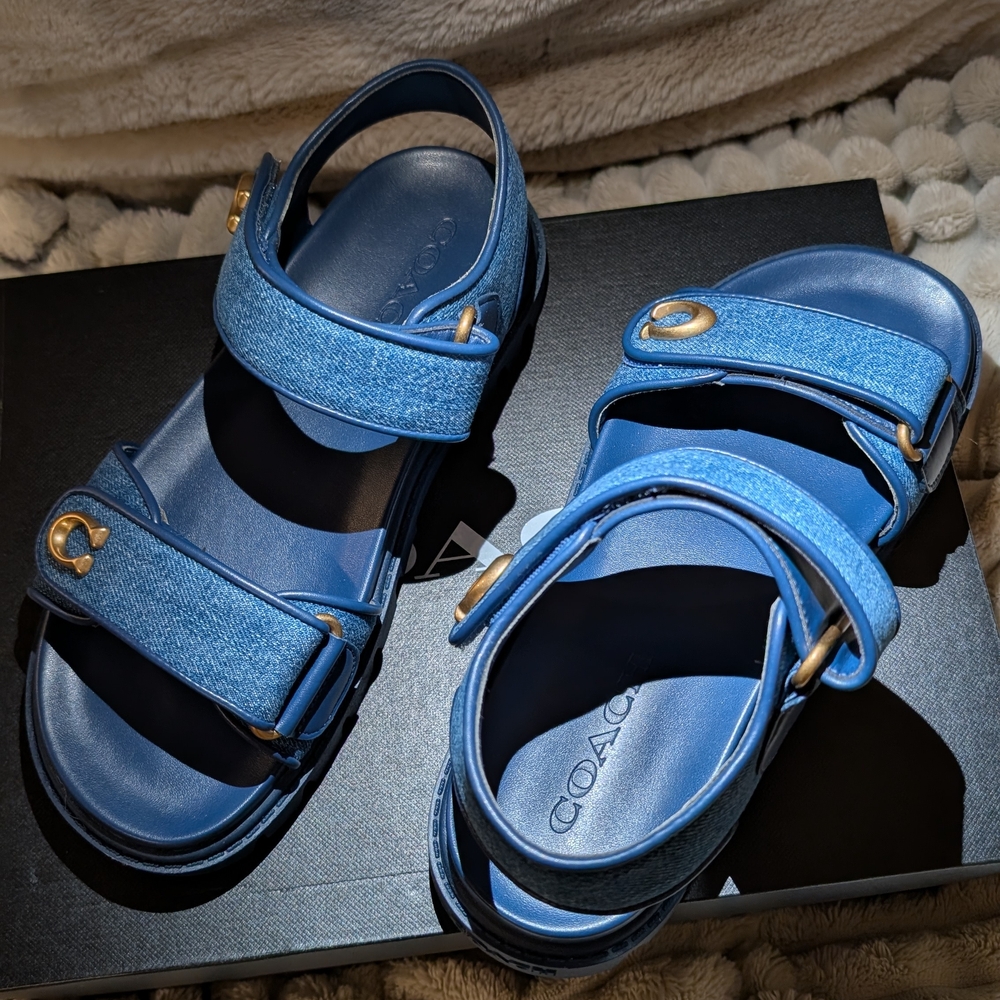 Coach Denim Blue Sandals with Gold Buckle - Picture 3 of 6